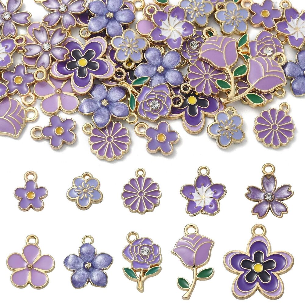 5664 40 Pcs 10 Style Purple Flower Theme Enamel Alloy Charms Mixed Shaped
